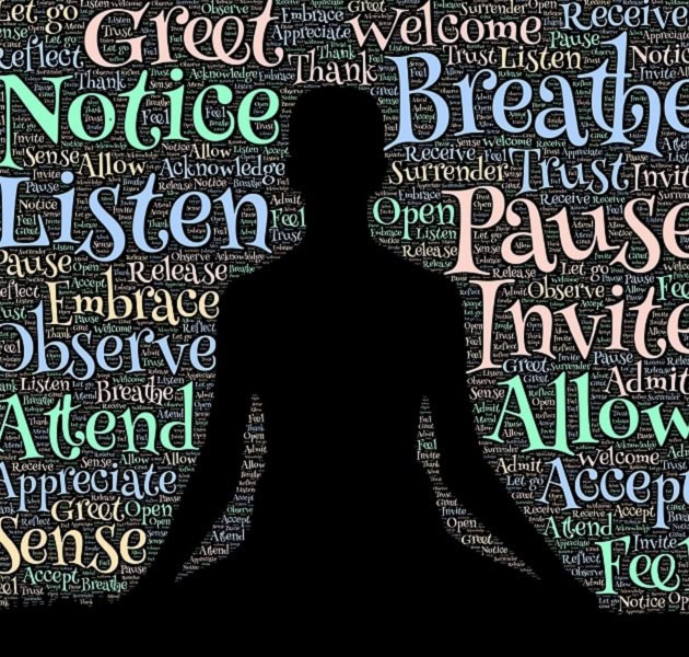 Meditation and mindfulness concept with words forming a silhouette of a person in a meditative pose.