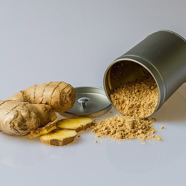 Ginger Powder in a Tin Can with Fresh Ginger Root