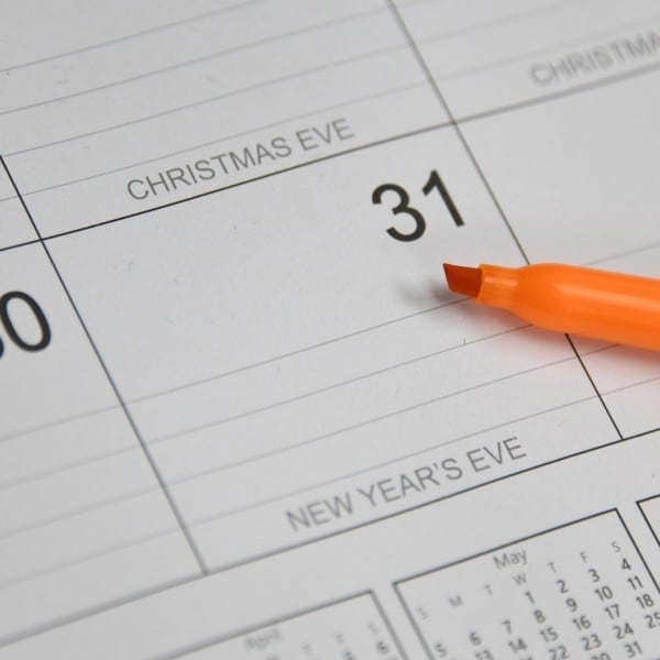 Christmas Eve Calendar December 31st with orange marker.