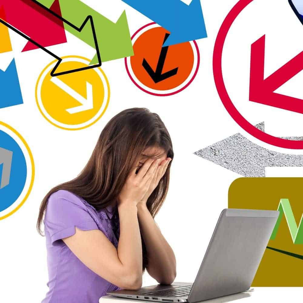 Overwhelmed woman with laptop and stress arrows