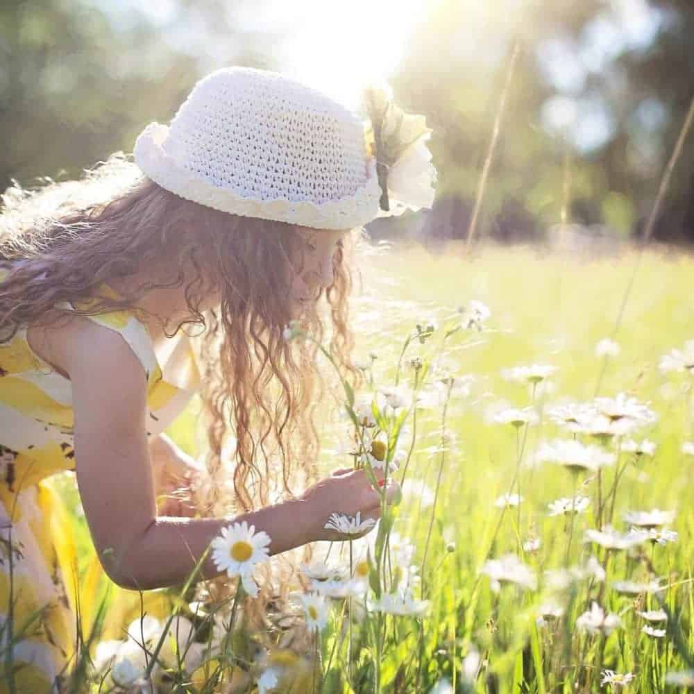 Sunlit girl exploring wildflowers in a meadow