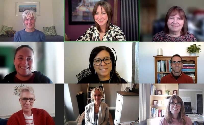 Healthy coaching professionals collaborating online for wellbeing success