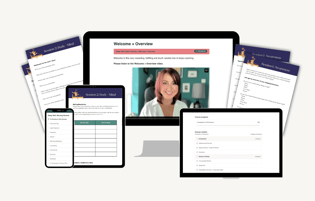Sleep Well Coach Training self-study course materials, including online video lessons, worksheets and digital resources for accredited learning.