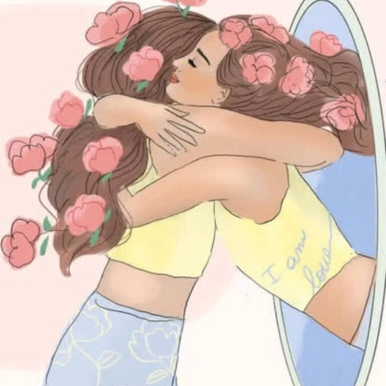 Warm embrace between two women with flowers in their hair, expressing love and affection.